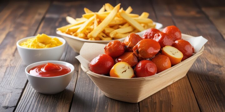 Currywurst in a bowl with various sauces and hot chips, hot chips, vendor cart,  hot chips,vendor cart, condiments