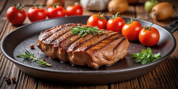 A juicy beef cutlet cooked on a sizzling hot griddle, with a crispy exterior and tender interior