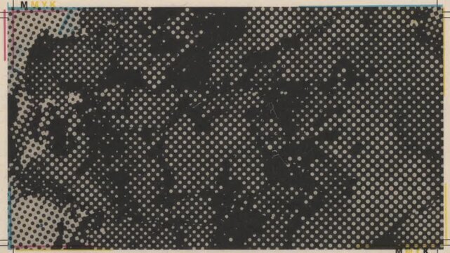 Halftone Print Dot Texture Overlay with Vintage Ink Bleed, Paper Fiber Noise and Scratches for Retro Newspaper Effect, Seamless Loop 4K
