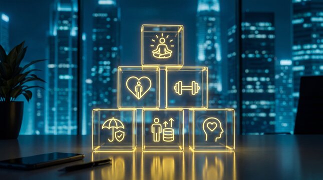 Employee wellbeing and corporate wellness program concept photo. Glowing neon cubes featuring meditation, fitness, and insurance icons stacked in pyramid