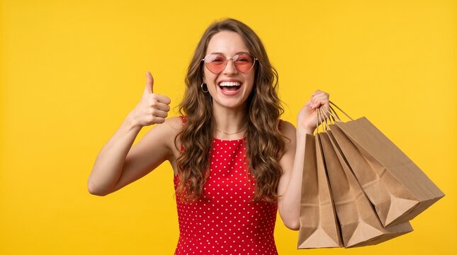 Cheerful woman with wavy hair wearing pink heart glasses holding shopping bags and giving thumbs up