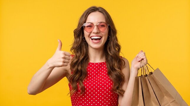 Cheerful Young Woman Holding Paper Shopping Bags Showing Thumb Up Isolated On A Yellow Background