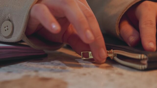 Close up of woman hands unzipping and opening brown leather wallet on marble surface with pink notebooks nearby. action is deliberate focusing on interaction between fingers and zipper pull
