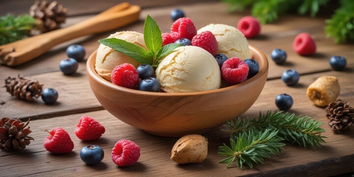 Colorful vanilla ice cream scoops with mixed berries in a wooden bowl on a rustic table setting, surrounded by natural elements like pinecones and leaves , dessert, frozen treat