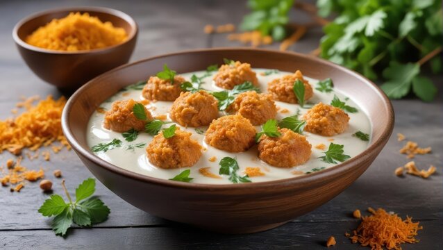 Crunchy dahi vada floating in a bowl of creamy yogurt sauce with chopped fresh cilantro and a sprinkle of ground spices, bhalla, soft interior