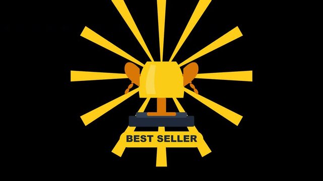 Flat best seller gold trophy with a laurel wreath pulsing against a transparent background with pulses gently with subtle motion radial rays
