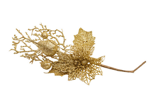 Gold glitter Christmas floral spray pick isolated on transparent PNG