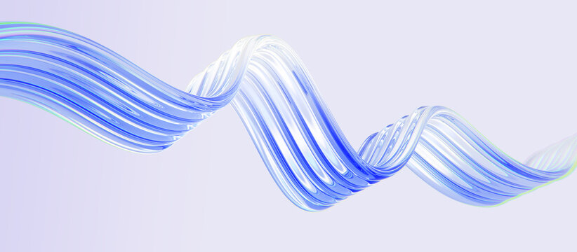 Abstract 3D blue glass wave ribbon with glossy ribbed texture on light render background. Liquid dynamic curve line, clear water flow. Modern futuristic digital design element. 3D illustration