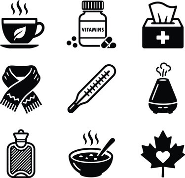 Health and Cold Relief Icon Set - Black Vector Symbols for Healthcare, Medical, and Wellness.