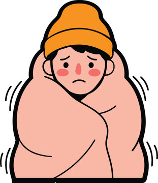 Freezing Person Wrapped in Blanket Vector Illustration -Cold, Shivering, Winter Sickness Concept.