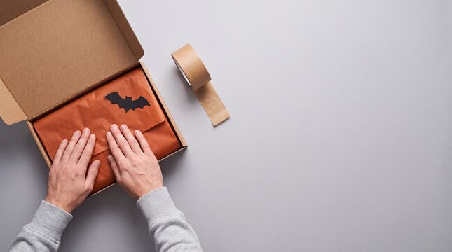 Hands packing a halloween gift box with bat decoration on brown tissue paper