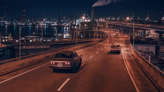 夜の工業地帯の高速道路