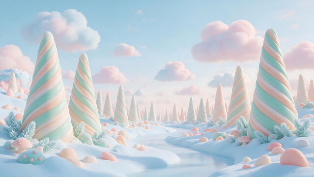 Surreal pastel mint candy cane forest winter dreamscape