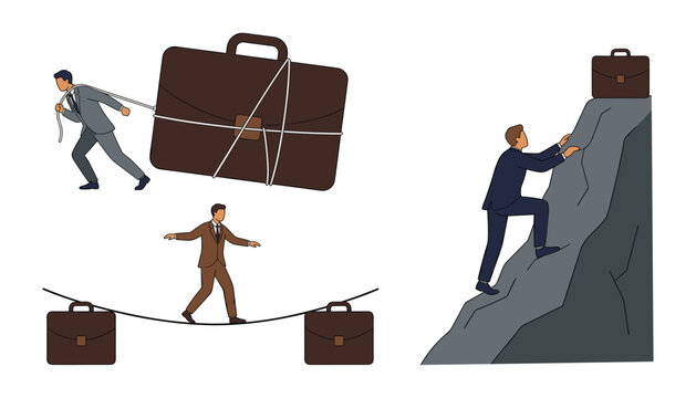 Business challenges element set with corporate workers dragging giant briefcase climbing steep rocky mountain cliff and tightrope walking vector illustration