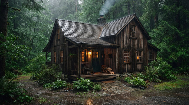 Weathered dark wooden cabin with smoking chimney, lit porch, and cozy windows standing amid lush green trees while steady rain falls all around.