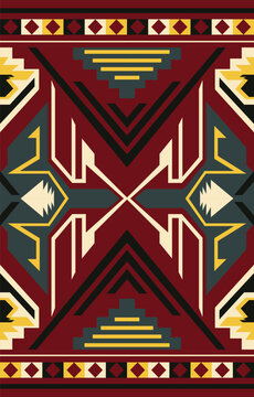 Red rug with tribal patterns, Aztec-inspired design, and tribal-style borders.