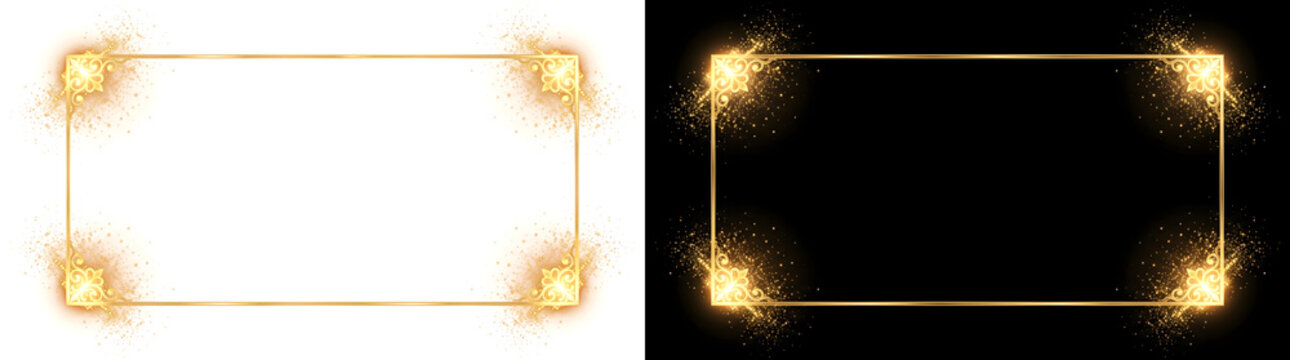 Frame with a thin gold outline and ornate glowing corner decorations with bursts of glitter for royal designs in PNG, Transparent and Black Background Versions