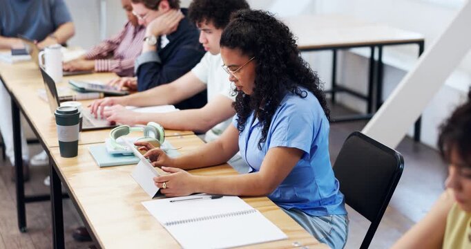 Notes, students and woman with tablet in university lecture hall, education and scholarship. Technology, person and study opportunity at college with research, academic class or learning with writing