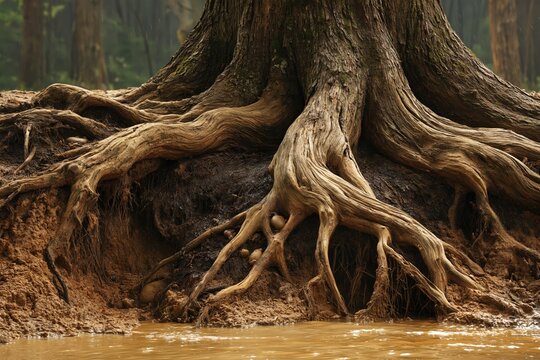 Giant tree roots tangled in soil nature woodland forest landscape