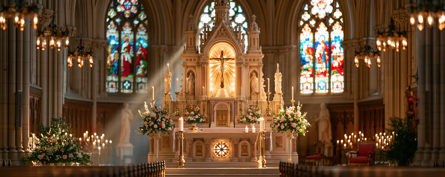 Gothic church altar with candlelight, floral arrangement, and colorful stained glass windows creating reverent interior scene
