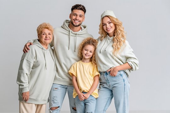 Happy multi generation family smiling together in casual clothing studio