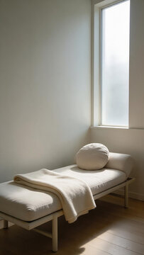 Minimal Nordic daybed with wool throw by frosted window