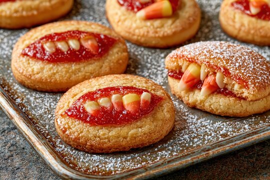 Halloween monster cookies with jam and candy corn teeth spooky treats