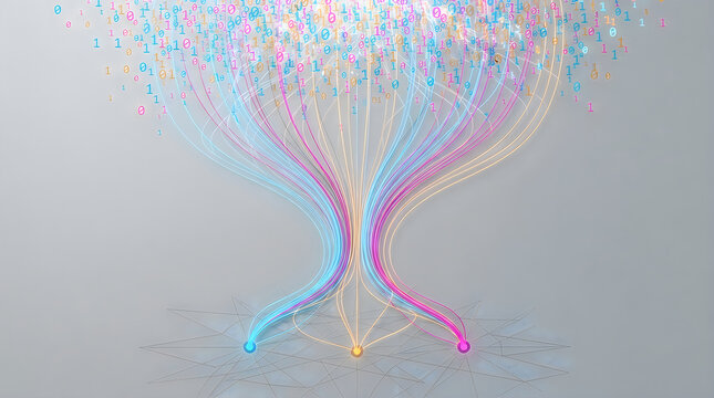 Binary data streams flowing into three glowing circular anchors