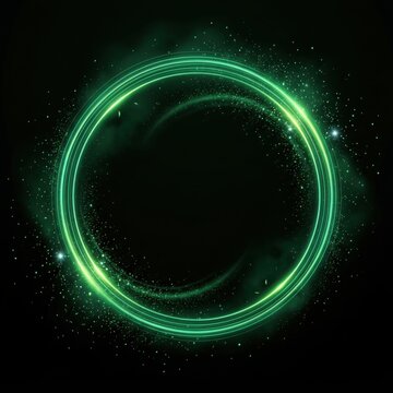 Green glowing energy circle with sparkling dust swirls against a dark background