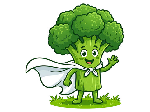 Broccoli character performing superhero pose in cartoon style with transparent background