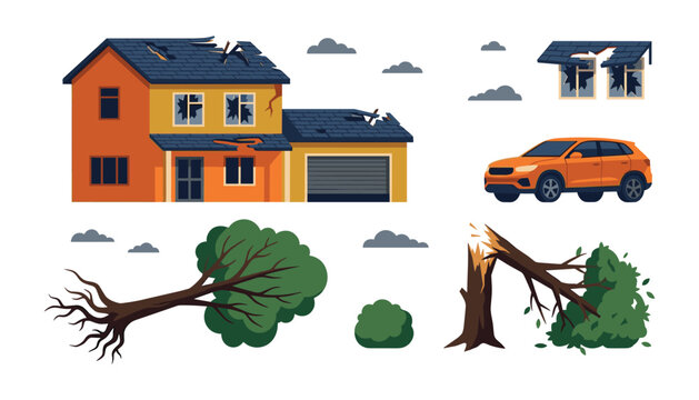 Destroyed residential house with broken roof smashed windows damaged garage orange car uprooted trees and fallen branches after hurricane storm