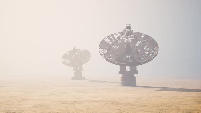 Two large satellite dishes rise from the sandy ground in a dense fog, creating an otherworldly atmosphere in the deserted landscape, emphasizing their isolation and purpose.