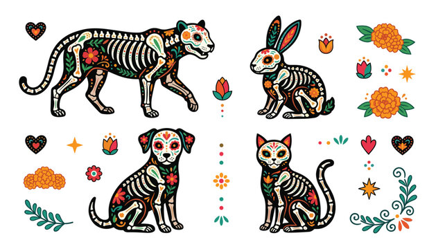 Day of the dead Mexican sugar skull animal vector set with catrina tiger dog cat rabbit skeleton and marigold flowers isolated on white background