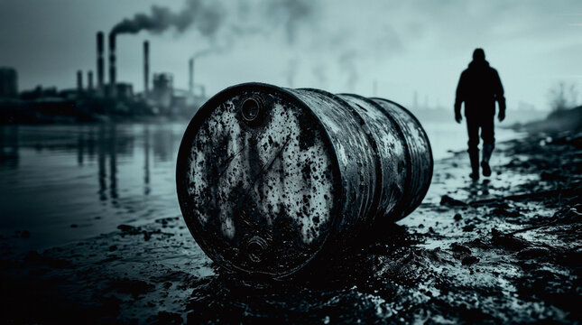 Rusty oil barrel on a muddy riverbank near an industrial plant