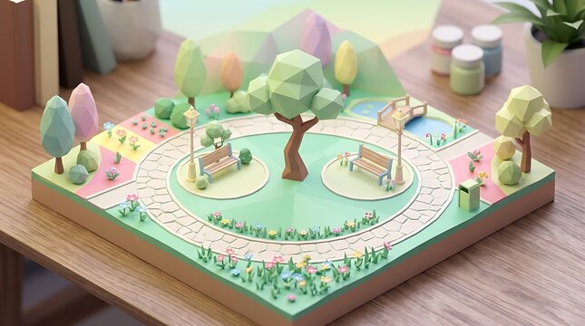 Low poly 3d isometric park diorama with trees, benches, a stone path, and flowers on a wooden desk surface