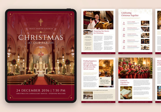 Christmas Church Digital Magazine Template, Parish Bulletin & Newsletter, Christian Advent Worship Brochure Layout