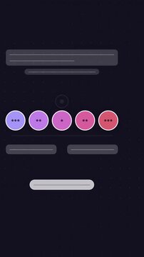 Vertical 9:16 animated likert five buttons center extremes in violet and purple on a dark background. Seamless looping 4K motion graphics in portrait format for interactive reels, shorts and story pol
