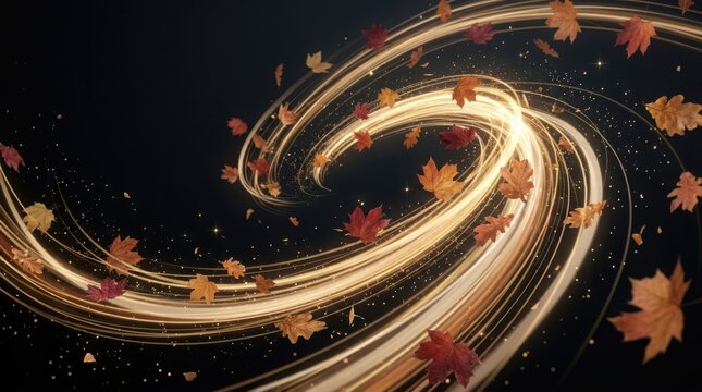 Autumn leaves swirl with golden light trails against a dark backdrop
