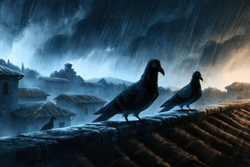 Obraz premium Black birds perched on rooftop during heavy rainstorm moody art