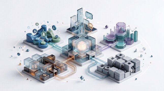 Digital ecosystem and data architecture system illustration. Central glowing server core. Connected modular network nodes. Isometric 3D vector graphic for enterprise technology and cloud solutions