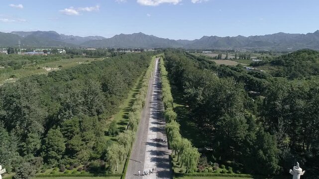 Raw footage of  Aerial drone view of Ming Tombs Changling mausoleum in China,Asia. The Ming Tombs, Sacred Way, The Ming Tombs, Beijing, China