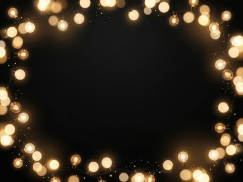 Warm glowing fairy lights on black background with bokeh effect and copy space