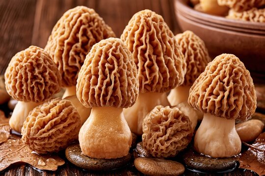 Fresh raw morel mushrooms on wooden rustic surface with autumn leaves