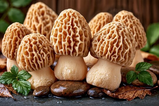 Fresh morel mushrooms gourmet wild forest fungi macro rustic food