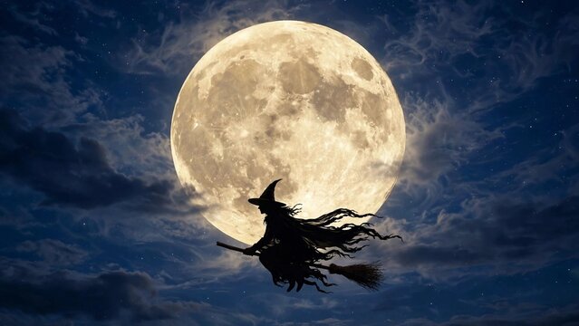 Witch silhouette flying on broomstick across a huge glowing full moon on a starry Halloween night