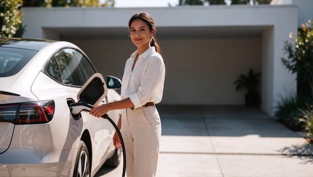 Young woman charging a modern white electric vehicle at a contemporary residential home, symbolizing sustainable future technology and green lifestyle