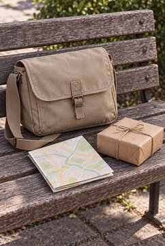 Canvas messenger bag with parcel and map on wooden bench