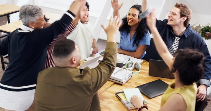 Unity, group or happy people with hands together in office for collaboration, agreement or support. Excited, team or employees piling with stack or smile for business trust, cohesion or celebration