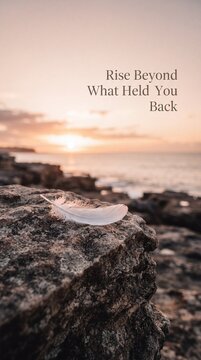 Delicate white feather resting on a weathered coastal rock during a serene sunrise