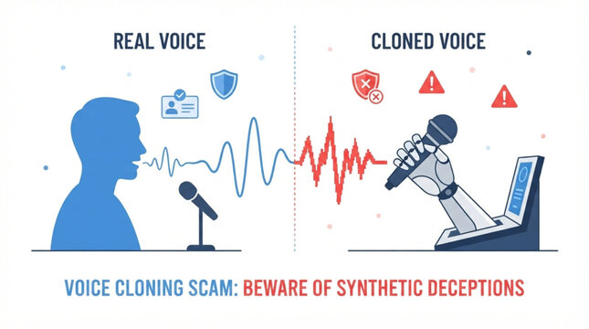 AI voice cloning family emergency scam vector illustration showing a worried person receiving a suspicious phone call using a digitally cloned family voice. Concept of deepfake audio, AI impersonation
